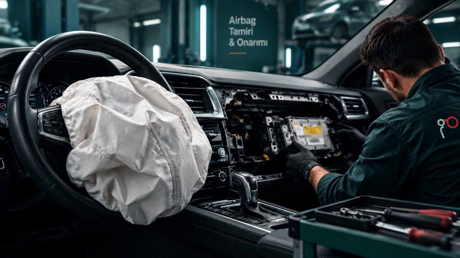 Servis ustası, patlamış hava yastığı ve sökülmüş airbag beyni üzerinde çalışıyor